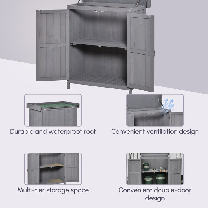 Small Shed, Wooden Garden Shed with Openable Hinged Roof and Removable Shelf, Outdoor Tool Storage Cabinet Chest with Double Doors, 74 x 43 x 88 cm, Grey
