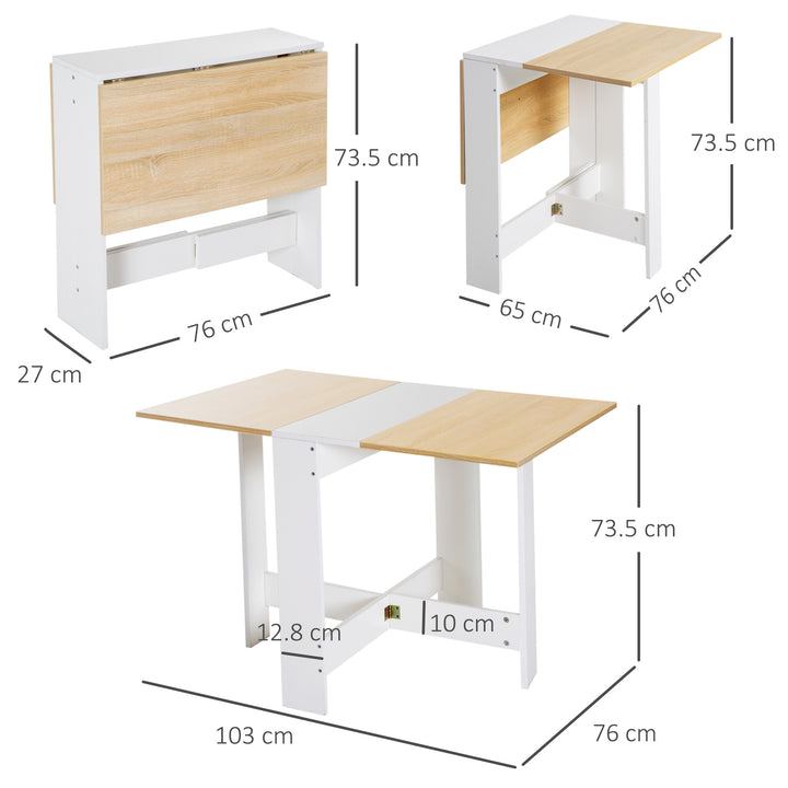 HOMCOM Particle Board Folding Wood Tables, Drop Leaf Dining Table for Space Saving, Writing Computer Desk, Home Office, Oak & White | Aosom UK