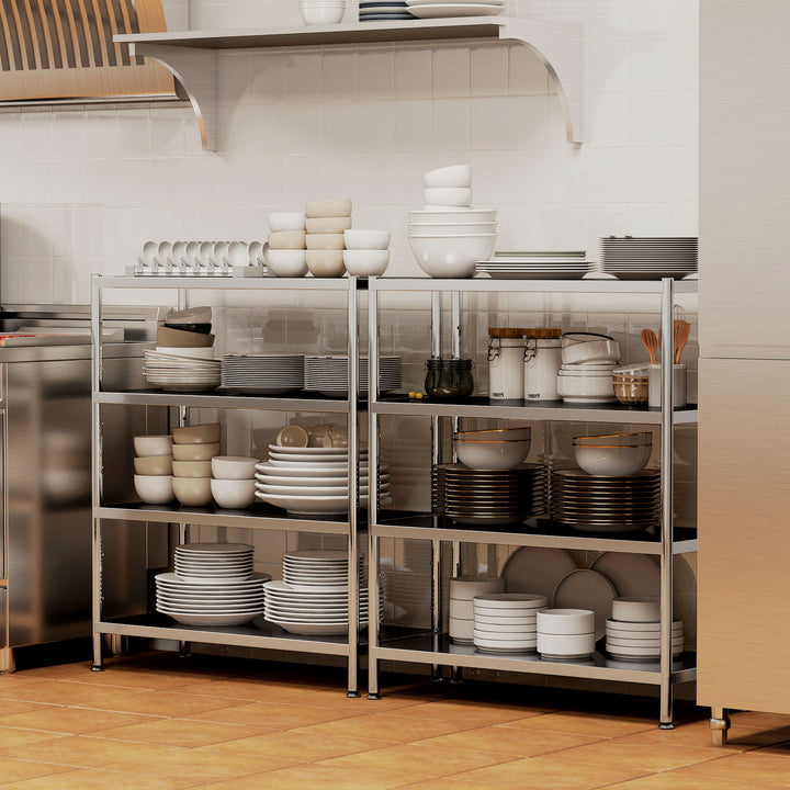 HOMCOM 4-Tier Bakers Rack with Storage, Stainless Steel Microwave Stand with Adjustable Shelves for Small Spaces, Kitchen Storage Unit for Spices, Pots and Pans, Silver Tone