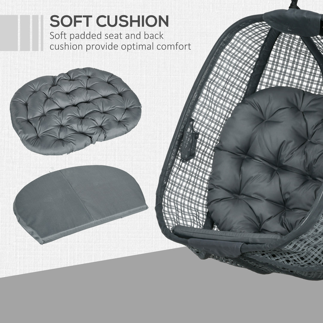 Outdoor Swing Chair with Thick Padded Cushion, Patio Hanging Chair with Metal Stand, Egg Chair with Foldable Basket, Cup Holder, for Indoor and Outdoor, Dark Grey