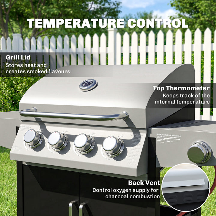 4+1 Burner Gas BBQ Grill with Side Burner, 14.5 kW Steel Portable Gas 
