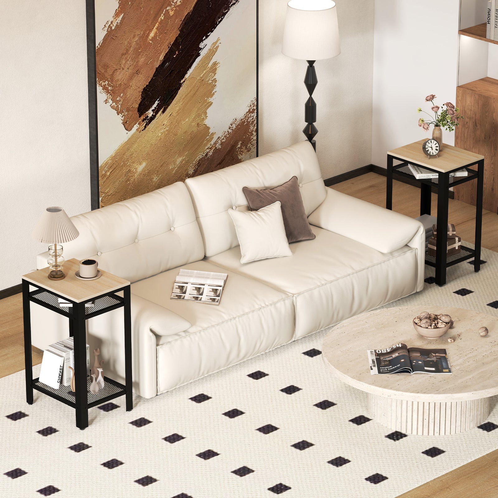 Tall Side Table Set of 2 with 3 Layer, 2 Shelves Storage Display Industrial-Style, Metal Frame, Bedside End Table for Living Room Bedroom, Oak and Black