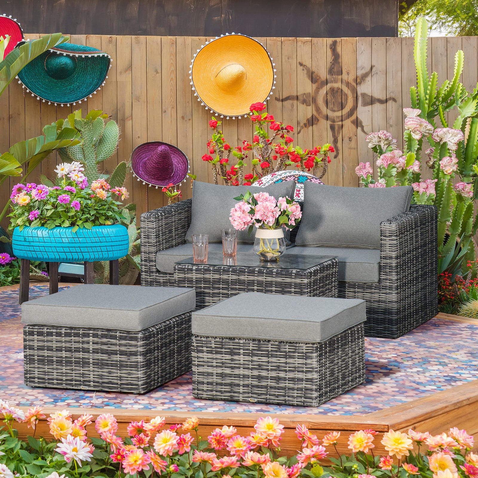 Five Piece Rattan Armchair, Stool and Table Set - Mixed Grey
