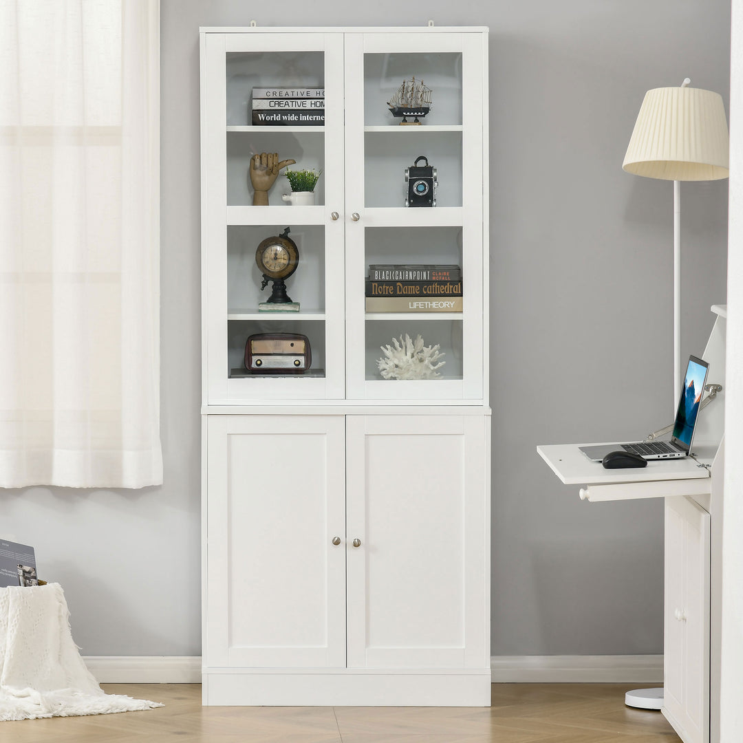 Modern Bookcase with Glass Doors, Display Storage Cabinet with Adjustable Shelves for Living Room, Study, Home Office, Kitchen Cupboard with Small Open Counter, White