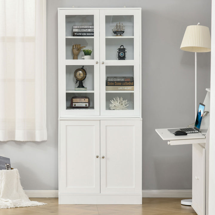 Modern Bookcase with Glass Doors, Display Storage Cabinet with Adjustable Shelves for Living Room, Study, Home Office, Kitchen Cupboard with Small Open Counter, White