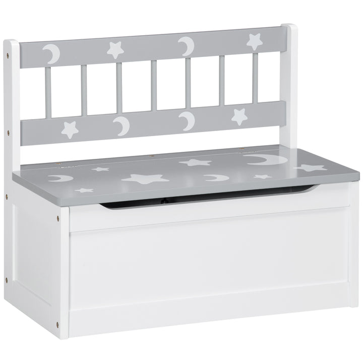 ZONEKIZ 2-IN-1 Wooden Toy Box, Kids Storage Bench Toy Chest with Safety Pneumatic Rod, Star & Moon Pattern, Grey | Aosom UK