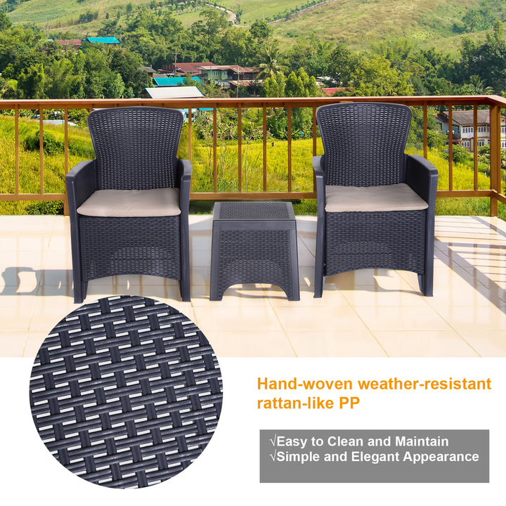 Outsunny 3 PCS Rattan Effect Garden Bistro Set 2 Chairs & Coffee Table Set with Cushion Patio Lawn Balcony Furniture - Dark Brown | Aosom UK