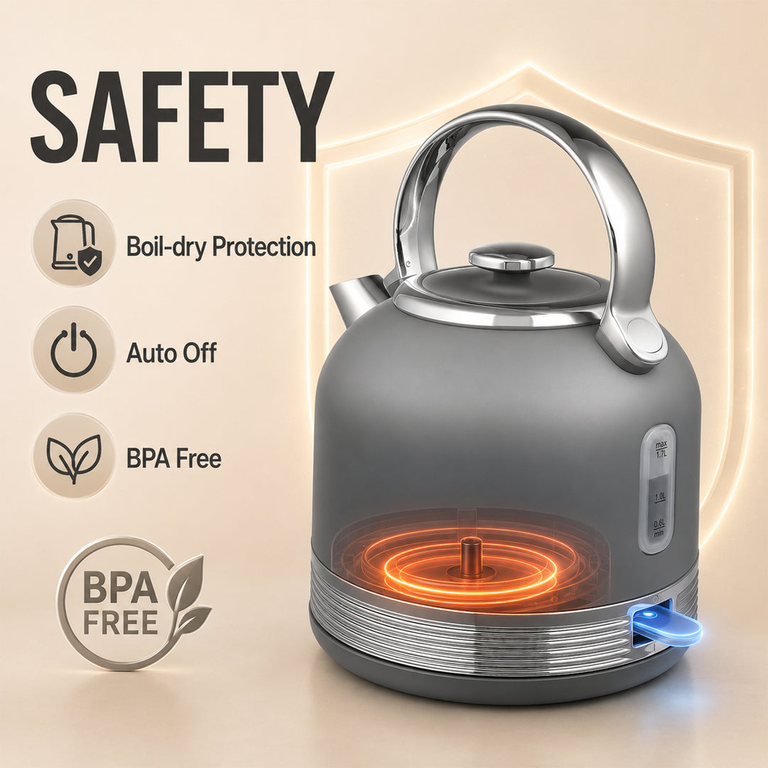 Stainless Steel Kettle and Toaster Set, 1.7L 3000W Cordless Fast Boil 