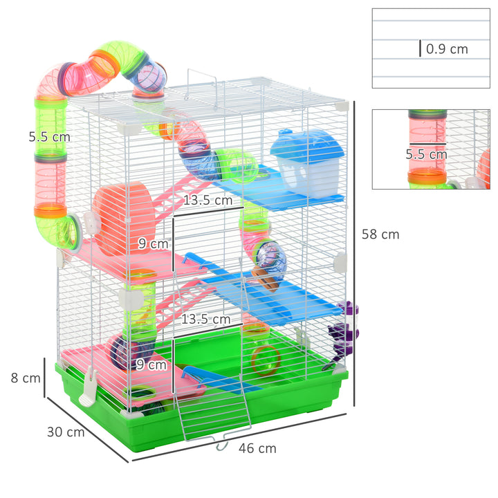 Pawhut 5 Tier Hamster Cage Carrier Habitat Small Animal House w/ Exercise Wheels Tunnel Tube Water Bottle Dishes for Dwarf Mice, Green | Aosom UK