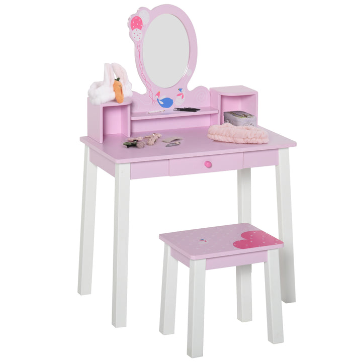 HOMCOM 2 PCS Kids Wooden Dressing Table & Stool Girls Vanity Table Makeup Table Set w/ Mirror Drawers Role Play for Toddlers 3 Year+ | Aosom UK