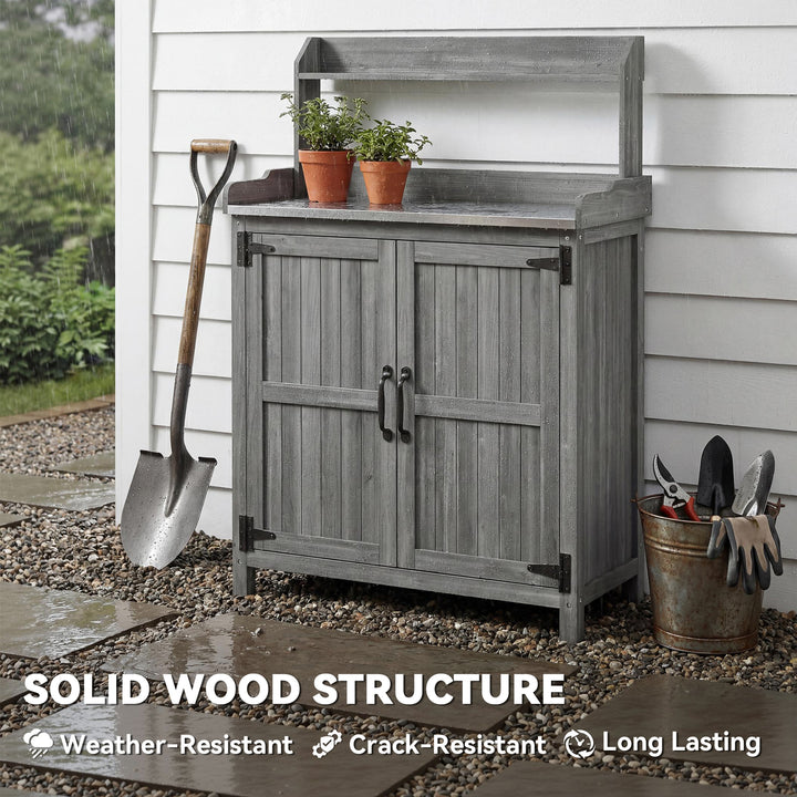 Wooden Potting Bench Table with Aluminium Worktop, Outdoor Garden Work