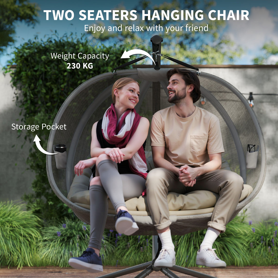 Double Hanging Egg Chair 2 Seaters Texteline Swing Hammock Chair with Stand, Cushion and Folding Design, for Indoor and Outdoor, Brown