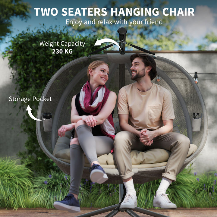 Double Hanging Egg Chair 2 Seaters Texteline Swing Hammock Chair with Stand, Cushion and Folding Design, for Indoor and Outdoor, Brown