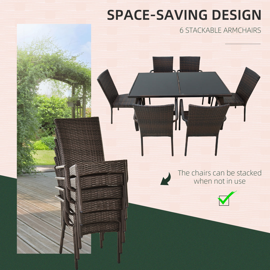 6 Seater Rattan Dining Set with Cushions, Rattan Garden Furniture Set, Outdoor Dining Table and Chairs with 6 Stackable Armchairs, Rectangular Glass Top Table for Patio, Balcony, Brown