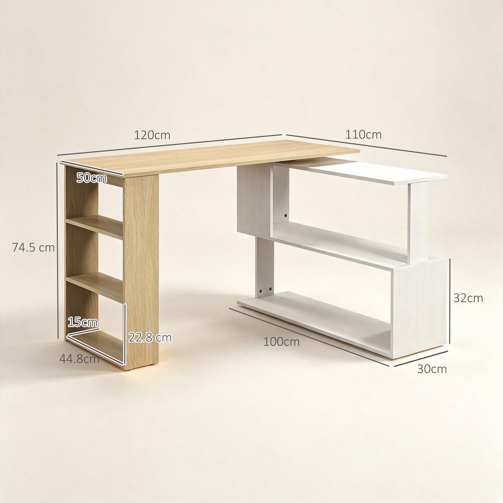 Corner Computer Desk, L Shaped Desk with 360° Rotating Bookshelf, 120L