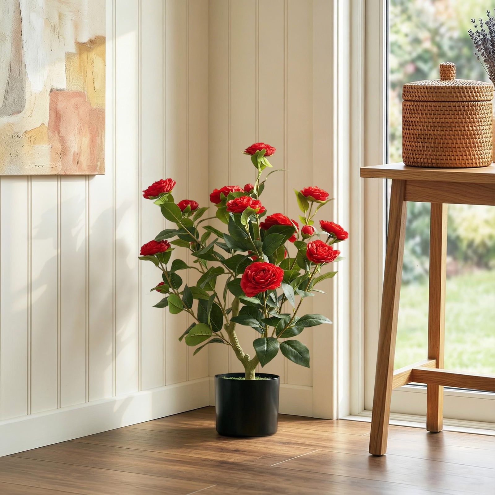 65cm Artificial Camellia Flower Plant in Pot with 116 Lush Leaves & Mo