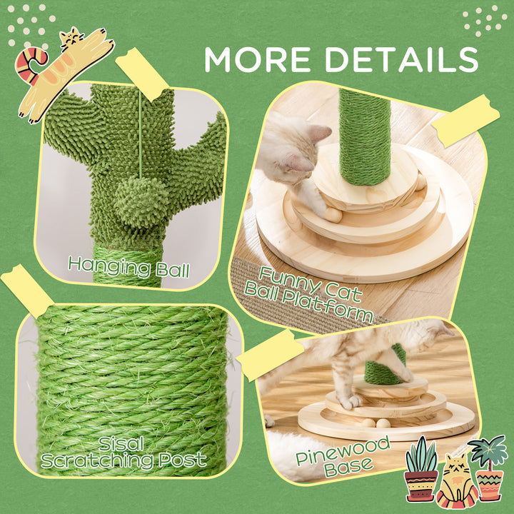 PawHut Cactus-Shaped Cat Tree Tower, Green, with Sisal Scratching Post, Hanging Ball, Funny Cat Ball Platform, 32 x 32 x 60cm | Aosom UK