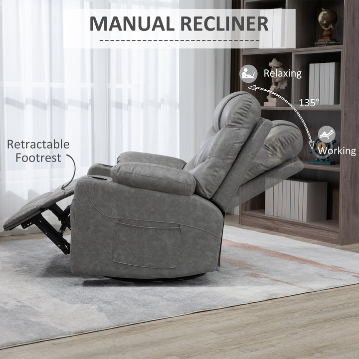 HOMCOM Manual Reclining Chair, Recliner Armchair with Faux Leather, Footrest, Cup Holders, 86x93x102cm, Grey | Aosom UK