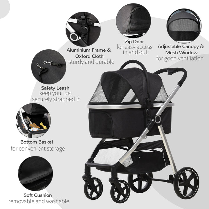 PawHut Foldable Dog Pushchair, 3 in 1, Detachable Travel Stroller with EVA Wheels, Adjustable Canopy, Safety Leash, Cushion, Black