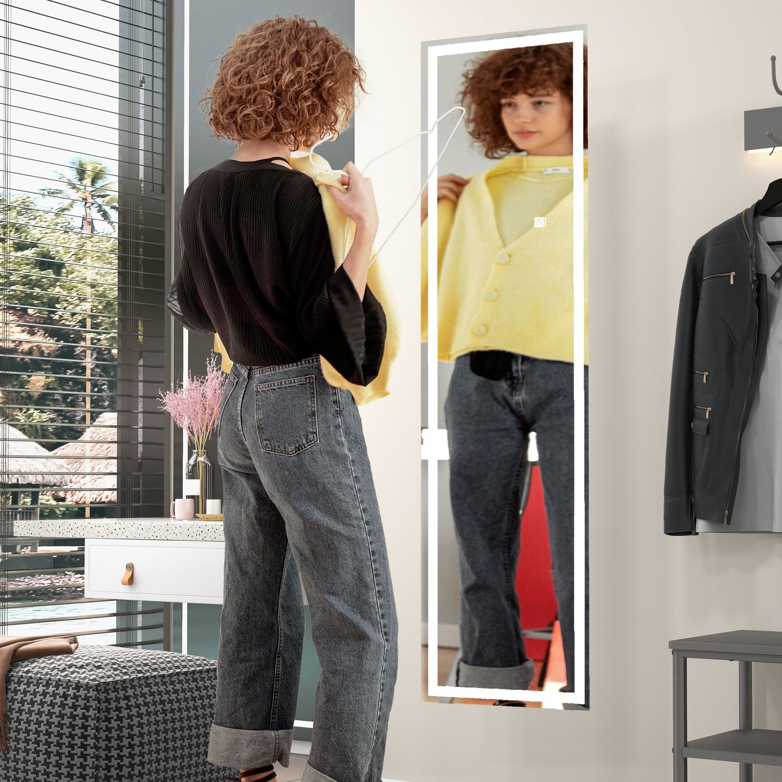 Standing Dressing Mirror with LED Lights, Wall Dressing Mirror for Bedroom with Dimmable and 3 Colour Lighting, White