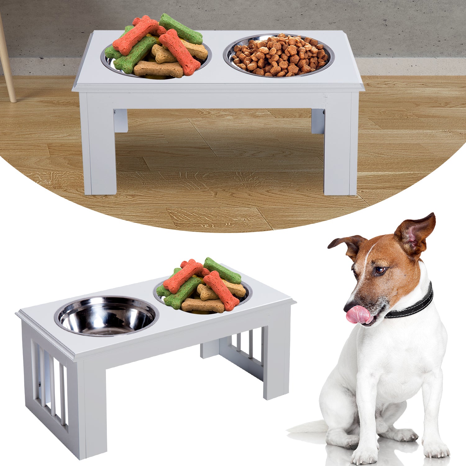 Raised Dog Feeding Bowls with Stand, Stainless Steel for Medium Dog, 58L x 31W x 25H cm - White