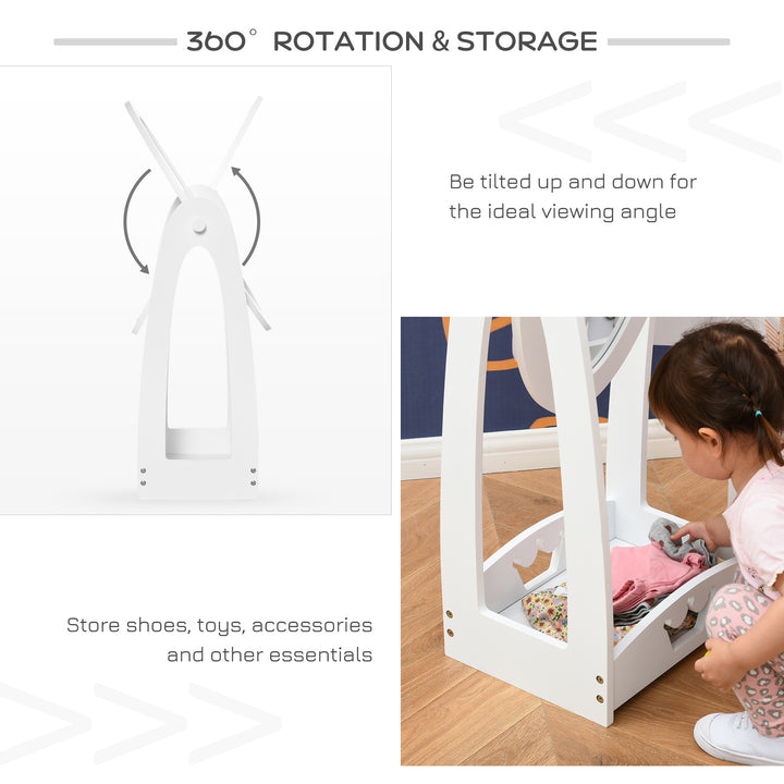 MCL Free Standing Full Length Mirror, Child's Dressing Mirror with storage shelf, Children's White Bedroom Furniture 360° Rotation MDF, For 3- 8 Years Old, 40L x 30W x 104H cm