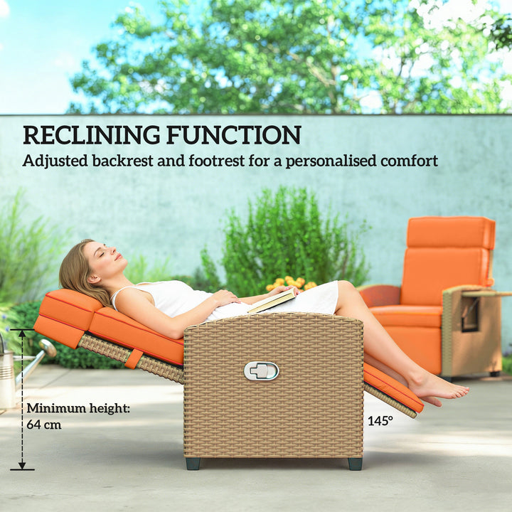 145° Reclining Rattan Armchair, with Footrest - Khaki/Orange