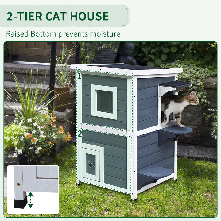 Wooden Cat House 2-Floor Outdoor Kitten Shelter with Window Grey
