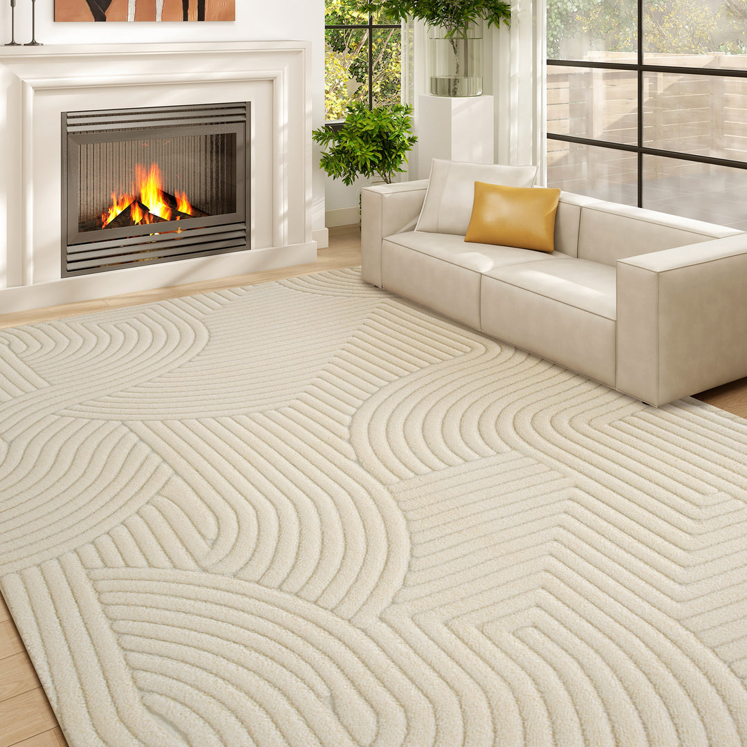 Modern Geometric Rug, Thick Plush, Non-Slip, 160 x 120 cm, Cream, Livi