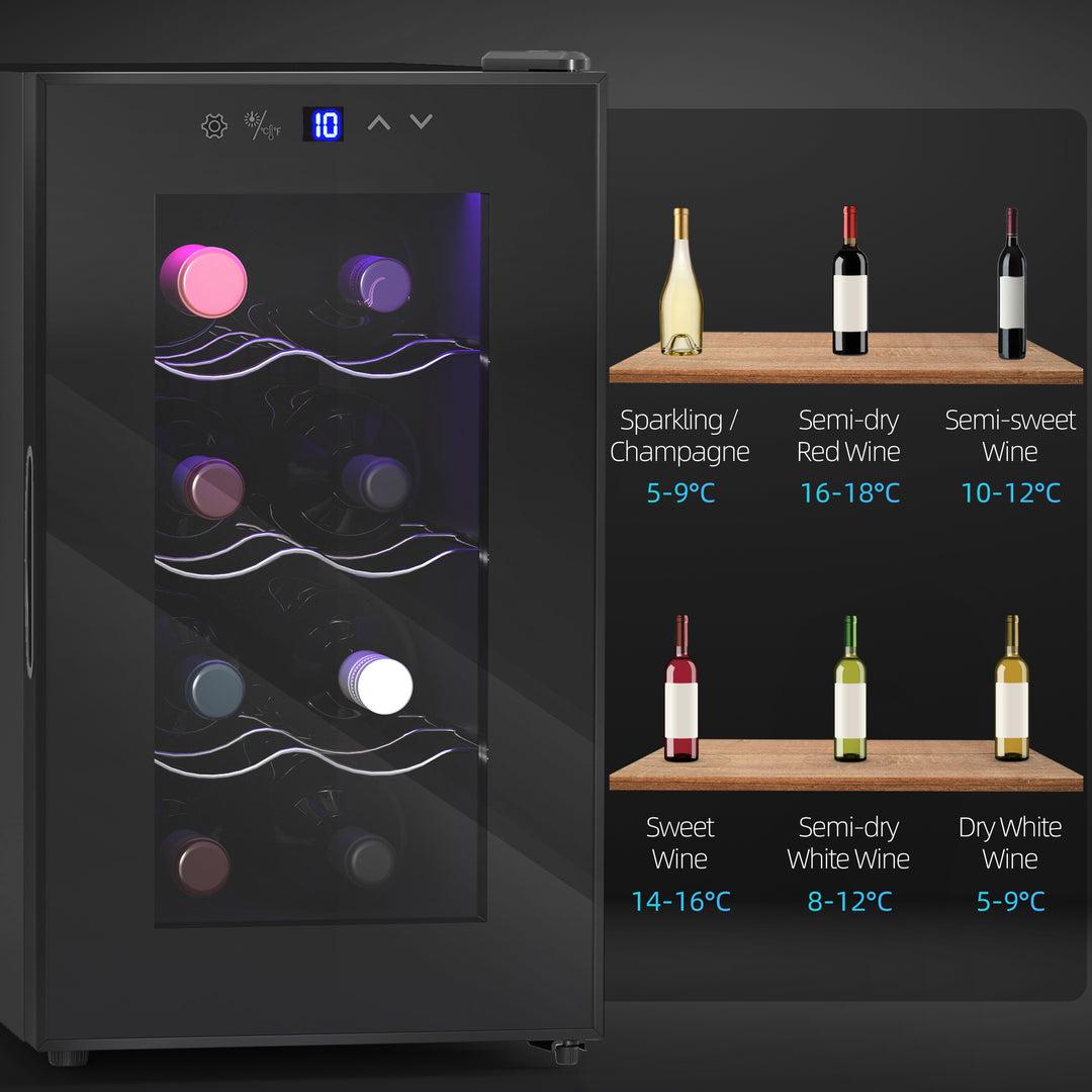 Mini Table Top Wine Fridge, 8 Bottle, 17L, 8-18℃, 26.5cm Quiet Under Counter Wine Cooler Fridge with Glass Door, LED Light, Digital Touch Screen, Temperature Control