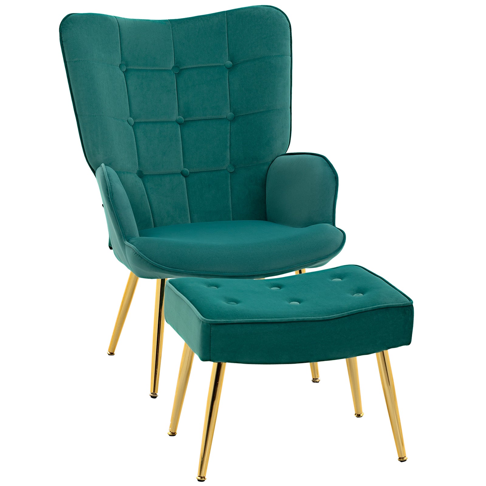 Modern Armchair with Footstool, Upholstered Accent Chair with Ottoman, Steel Legs, Velvet Wingback Chair for Living Room, Bedroom, Home Study, Dark Green