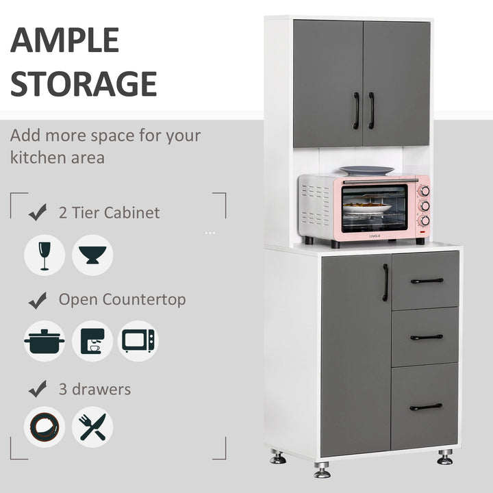 HOMCOM Modern Kitchen Cupboard with Storage Cabinets, 3 Drawers and Open Countertop for Living Room, Grey