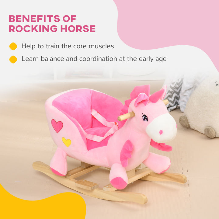 HOMCOM Kids Rocking Horse Ride on Unicorn with Songs, Wooden Base, Seat Belt, for 18-36 Months