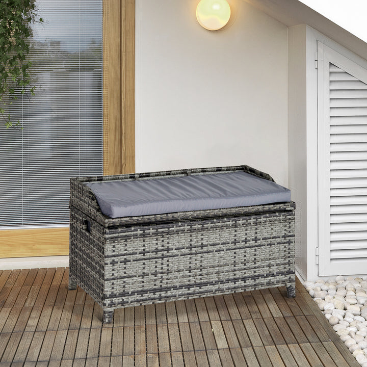 Outsunny Waterproof Patio PE Rattan Wicker Storage Basket Box Bench Seat Furniture w/ Cushion Mixed Grey | Aosom UK