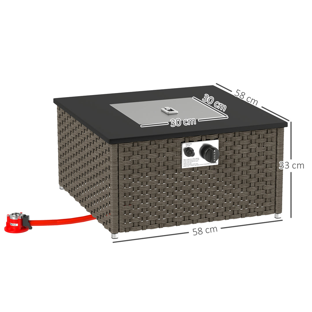 Rattan Gas Fire Pit Table for Garden, 13 KW Smokeless Propane Fire Pit with Lid, Square Garden Coffee Table with Patio Heater for Outdoor, Patio, 58 x 58 x 33 cm, Grey