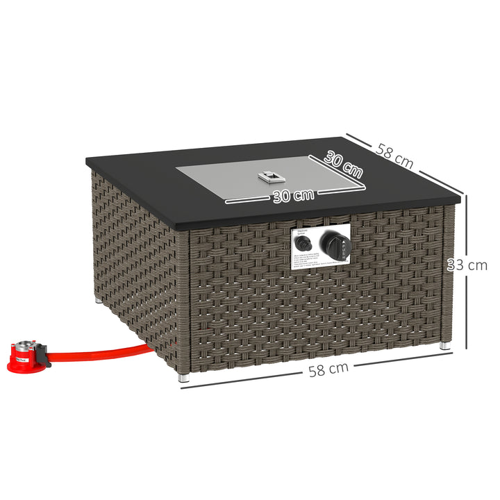 Rattan Gas Fire Pit Table for Garden, 13 KW Smokeless Propane Fire Pit with Lid, Square Garden Coffee Table with Patio Heater for Outdoor, Patio, 58 x 58 x 33 cm, Grey