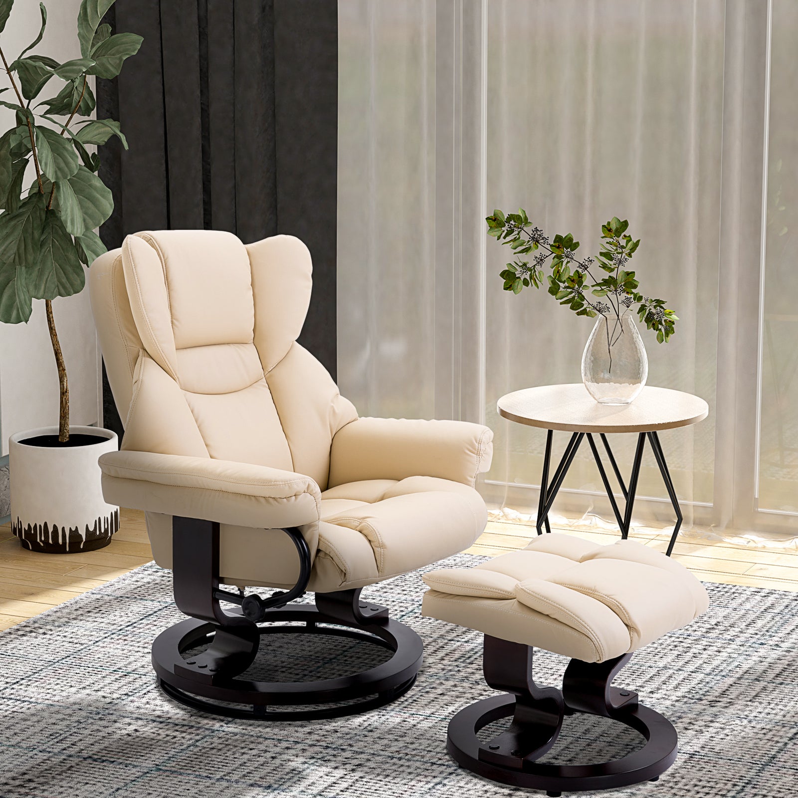360° Swivel Recliner Chair with Footstool, PU Leather Manual Recliner Armchair with Solid Wood Base, Upholstered Reclining Chair for Living Room, Bedroom, Office, Cream
