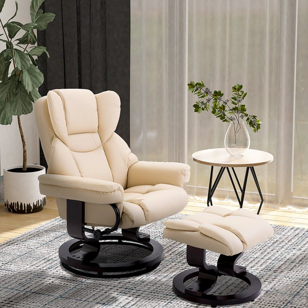 360° Swivel Recliner Chair with Footstool, PU Leather Manual Recliner Armchair with Solid Wood Base, Upholstered Reclining Chair for Living Room, Bedroom, Office