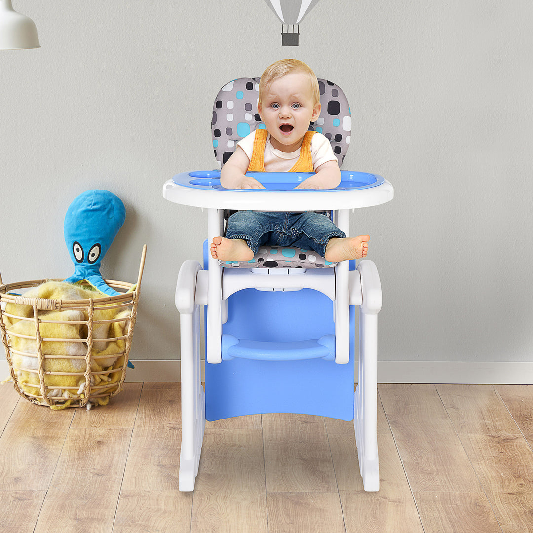 HOMCOM 3-in-1 Baby Chair: Convertible Booster High Chair, Sturdy HDPE Construction, Easy-Clean Design, Space-Saving, Blue Hue | Aosom UK