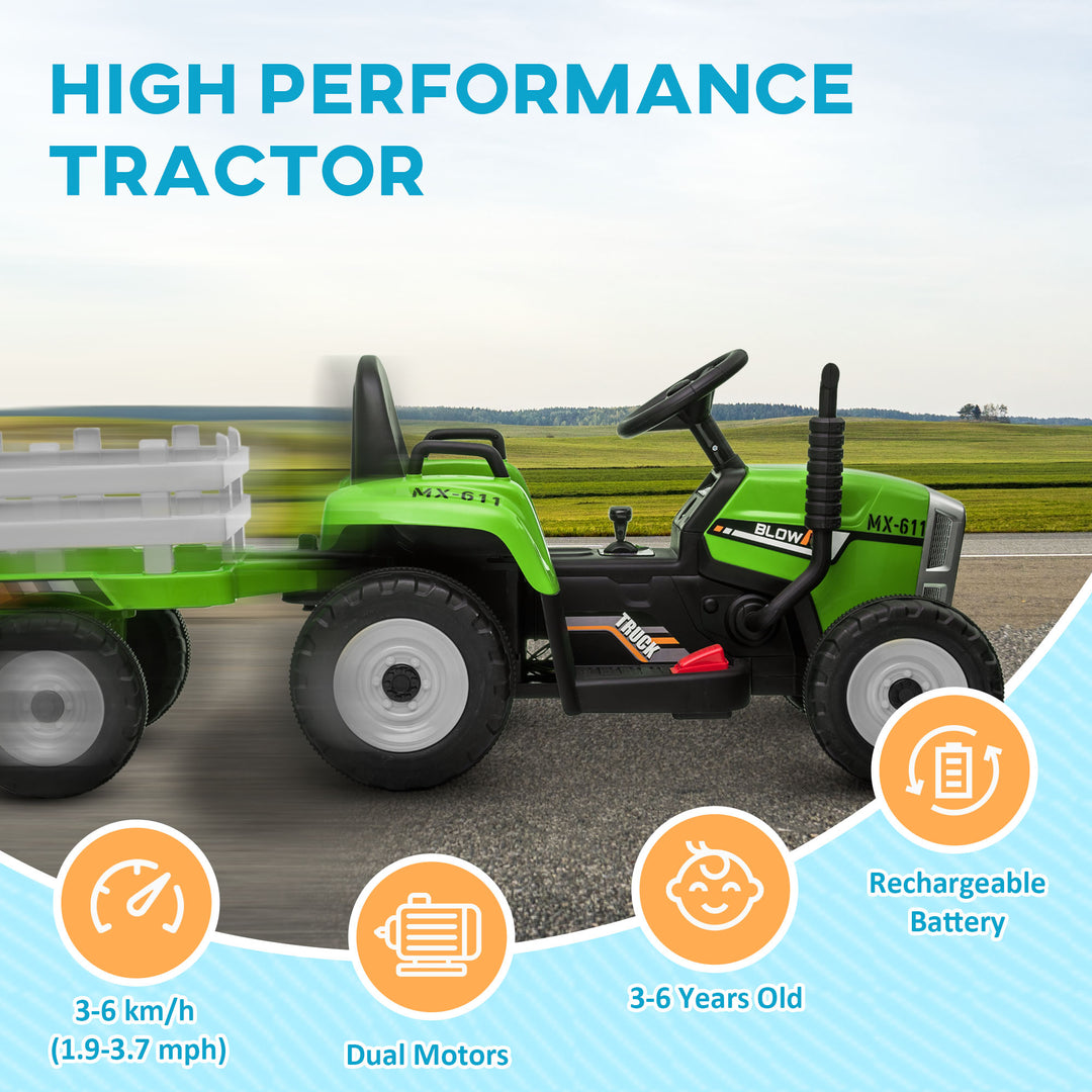 Ride On Tractor, Battery Powered Electric Car, with Detachable Trailer, Remote Control, Music - Green
