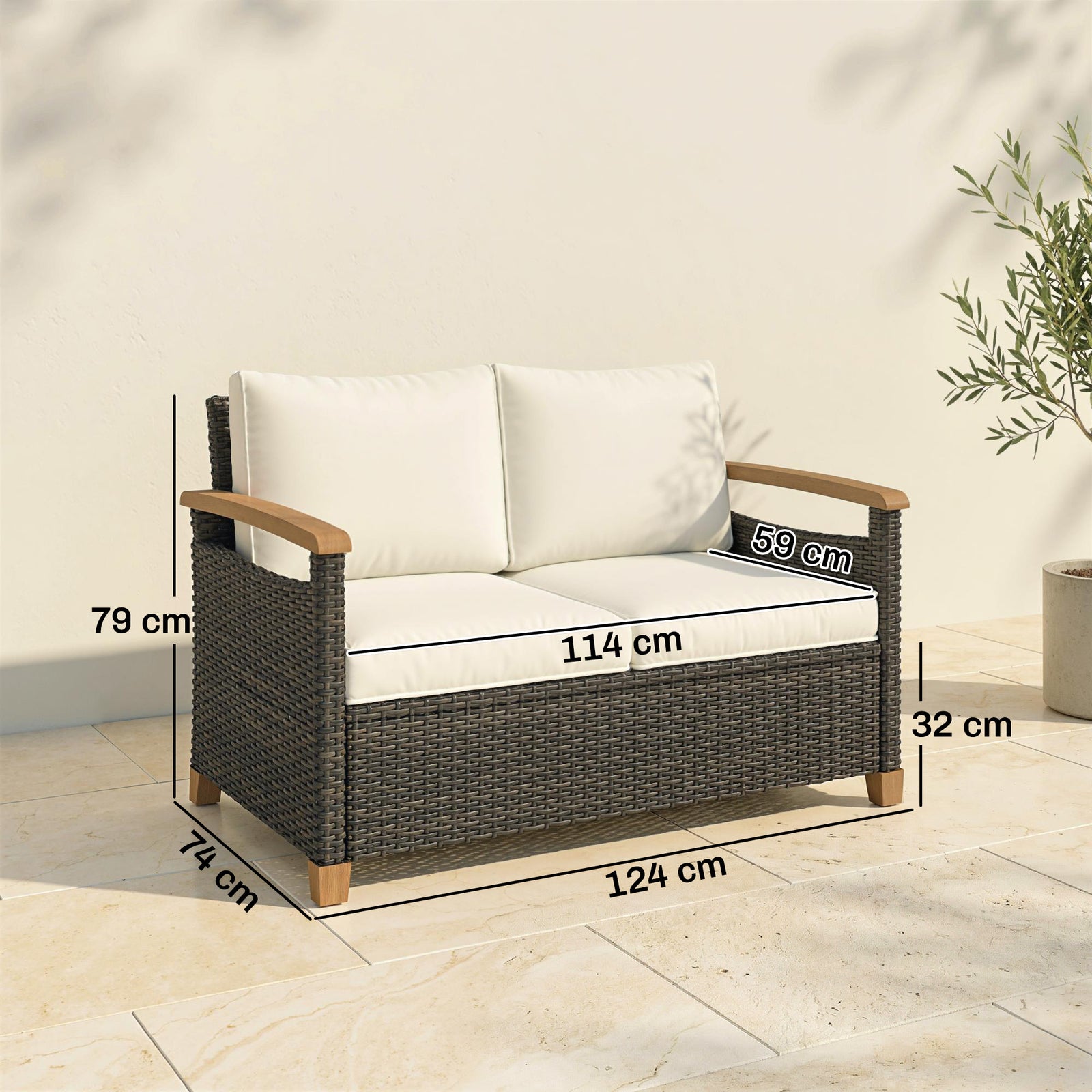 2 Seater Rattan Garden Sofa, Outdoor Sofa with Thickened Cushions and 