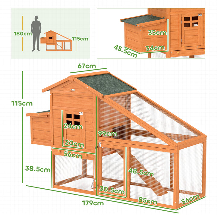 PawHut Wooden Chicken Coop with Run, Nesting Box, Slide-out Tray, Ramp, Perches, Asphalt Roof, 179 x 67 x 115cm | Aosom UK