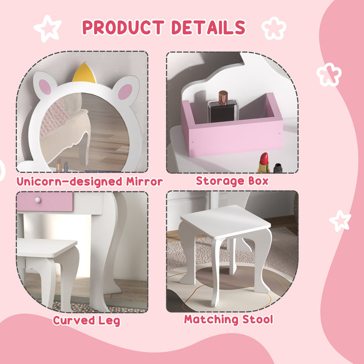 ZONEKIZ Kids Dressing Table, Unicorn Design with Mirror & Stool, Creative Play, White | Aosom UK