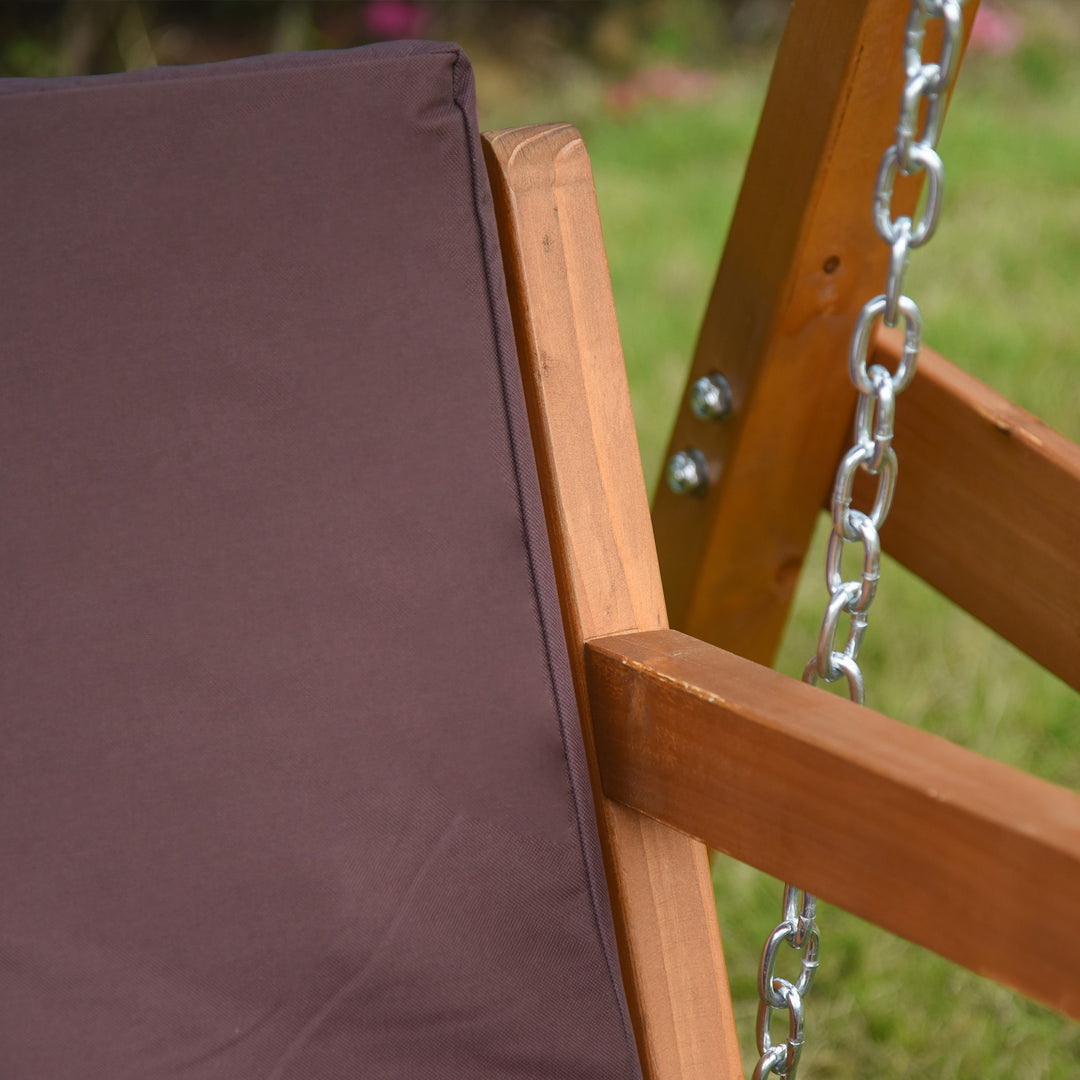 3 Seater Garden Swing Seat Outdoor Swing Chair with Adjustable Canopy, Wooden Hammock Bench with Padded Cushions for Patio Yard, Brown