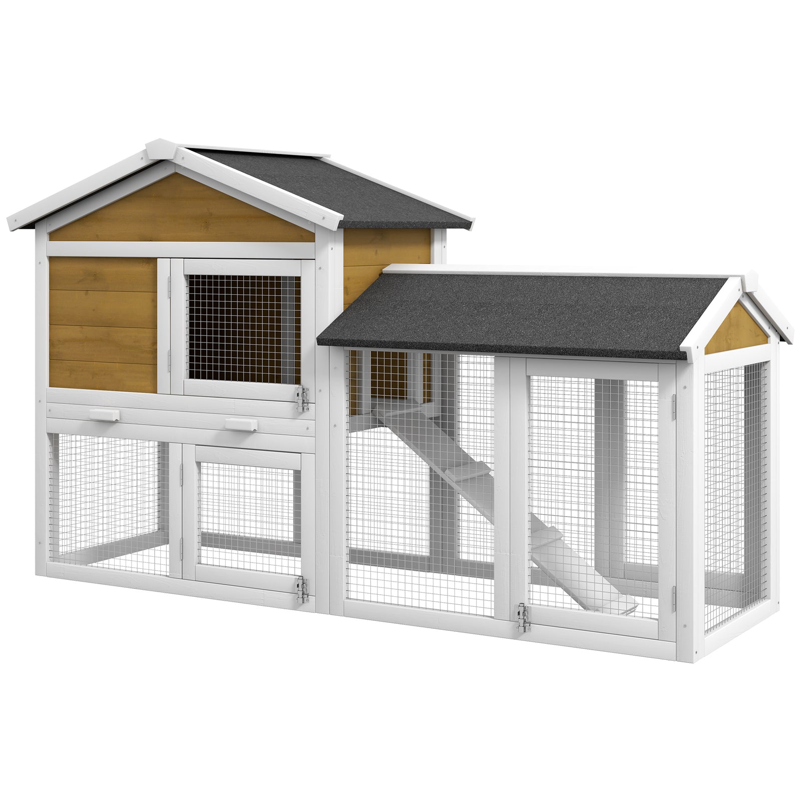 Wooden Rabbit Hutch Outdoor, Double Tier with Water-Resistant Roof, Ramp 147 x 54 x 84 cm, Yellow
