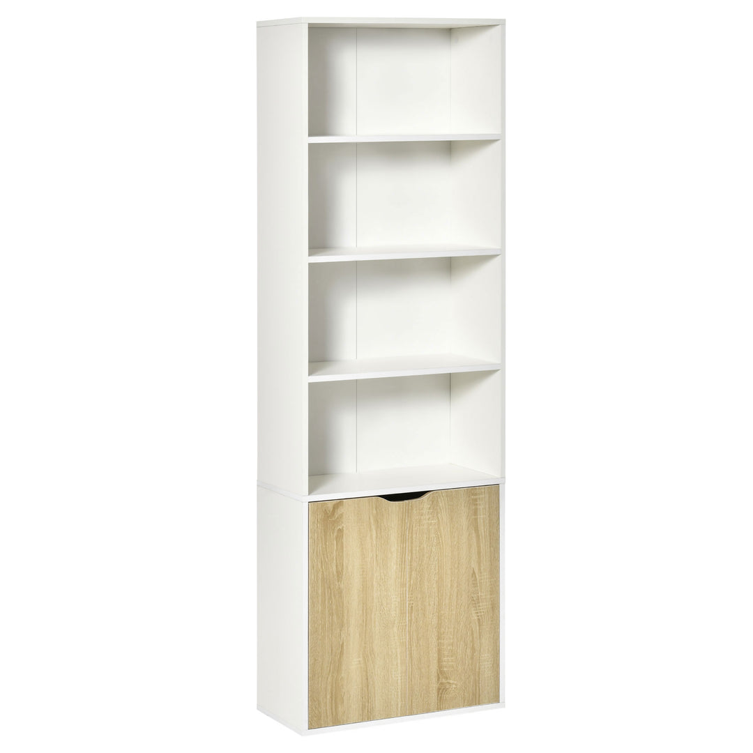 6-Tier Tall Bookcase, Bookshelf with 4 Open Shelves and Double Door Storage Cabinet, Freestanding Display Rack for Living Room, Bedroom, Home Office, Study, 59 x 29 x 180cm, White and Oak