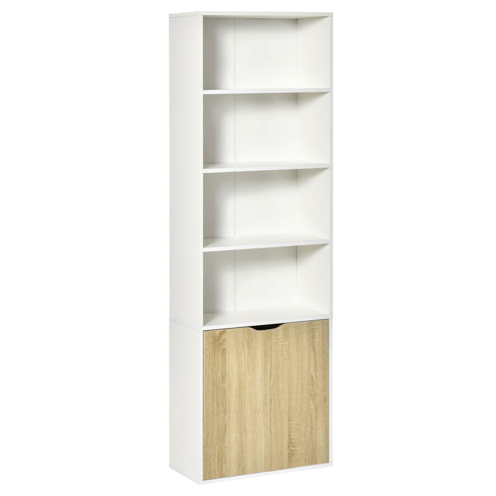 MCL 6-Tier Tall Bookcase, Bookshelf with 4 Open Shelves and Double Door Storage Cabinet, Freestanding Display Rack for Living Room, Bedroom, Home Office, Study, 59 x 29 x 180cm, White and Oak