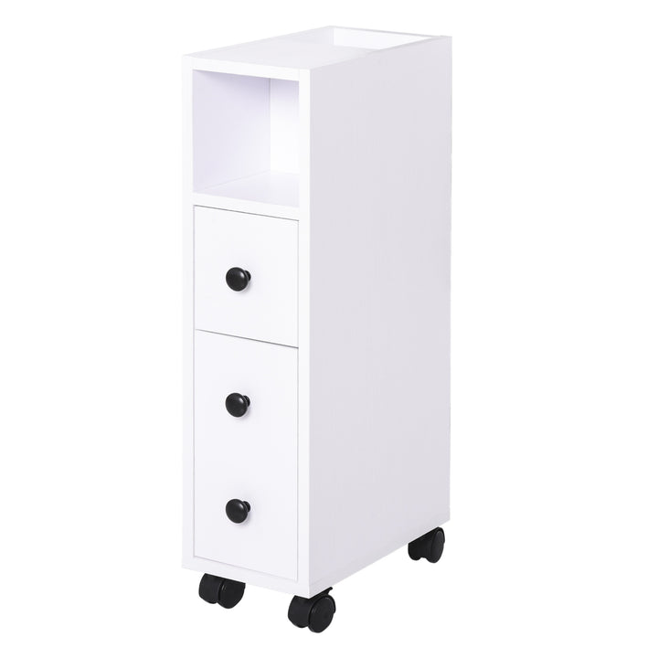 kleankin Slimline Bathroom Storage Unit w/ 2 Drawers 2 Open Compartments Wheels Handles Freestanding Compact Home Office Furniture White | Aosom UK