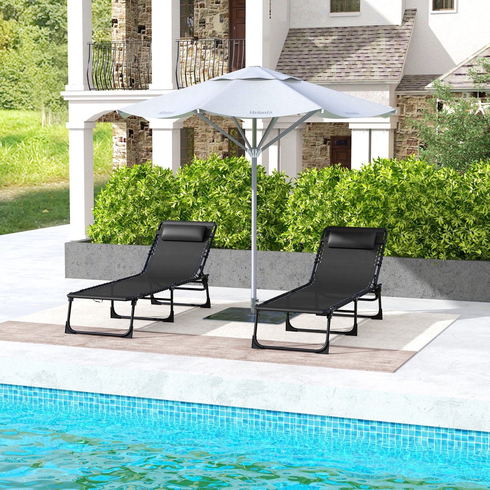 Set of Two Folding Sun Loungers, with Four-Position Backs - Black