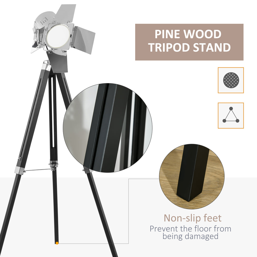 Industrial Tripod Floor Lamp, Nautical Cinema Standing Spotlight with Wood Legs and Adjustable Height for Living Room, Bedroom, Black and Silver